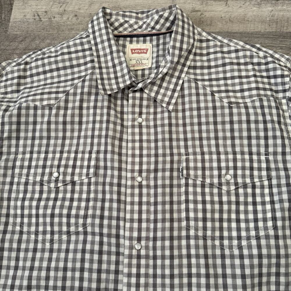 Levi’s Pearl Snap Shirt Mens XXL Long Sleeve Western Gingham Plaid Black Ivory